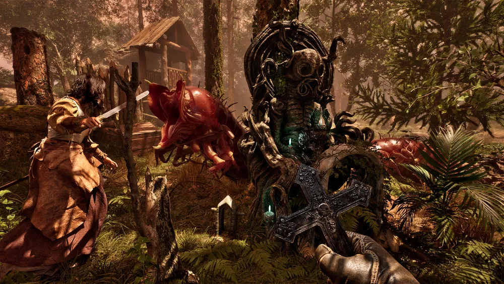 A player slashes at a red tentacled creature near a candlelit shrine in a foggy forest graveyard in The Mound: Omen of Cthulhu.
