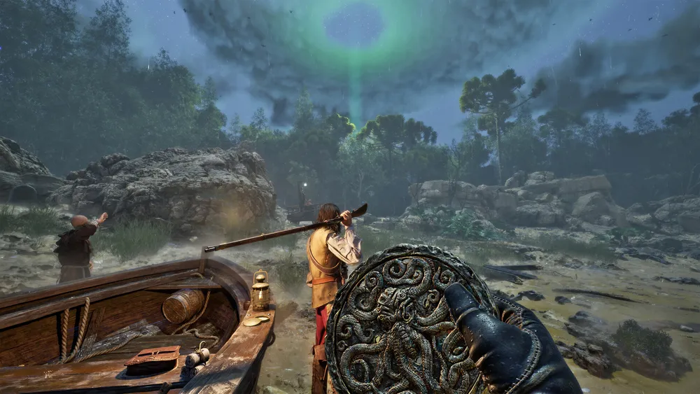 A survivor wielding a musket and an ornate tentacle-carved shield on a foggy beach beneath a green aurora in The Mound: Omen of Cthulhu.