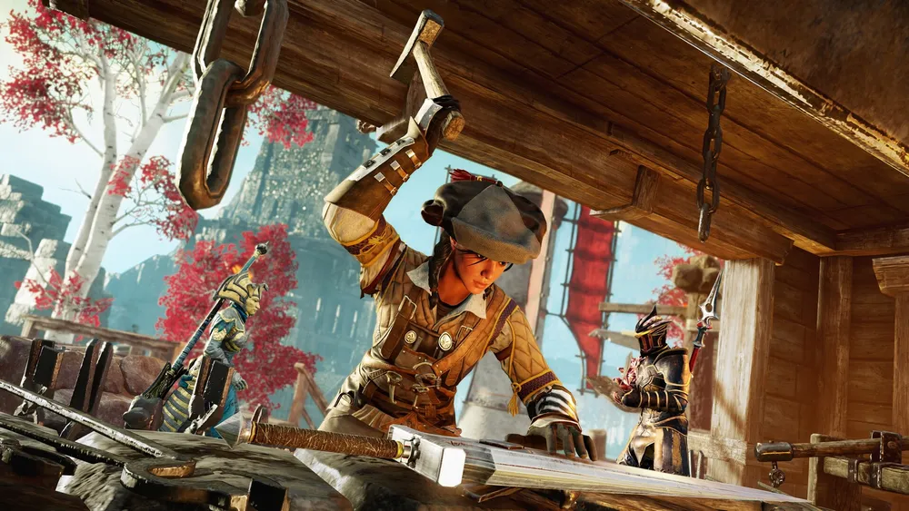 Promotional artwork for New World showing the Armoring life skill, a smith working at a forge.
