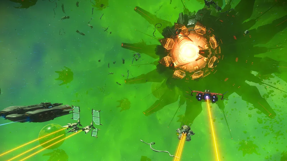 A player character overlooks a vivid alien valley in No Man's Sky.