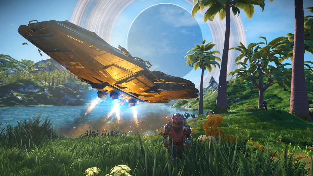 A starship rests beside large alien plants on a colorful No Man's Sky world.