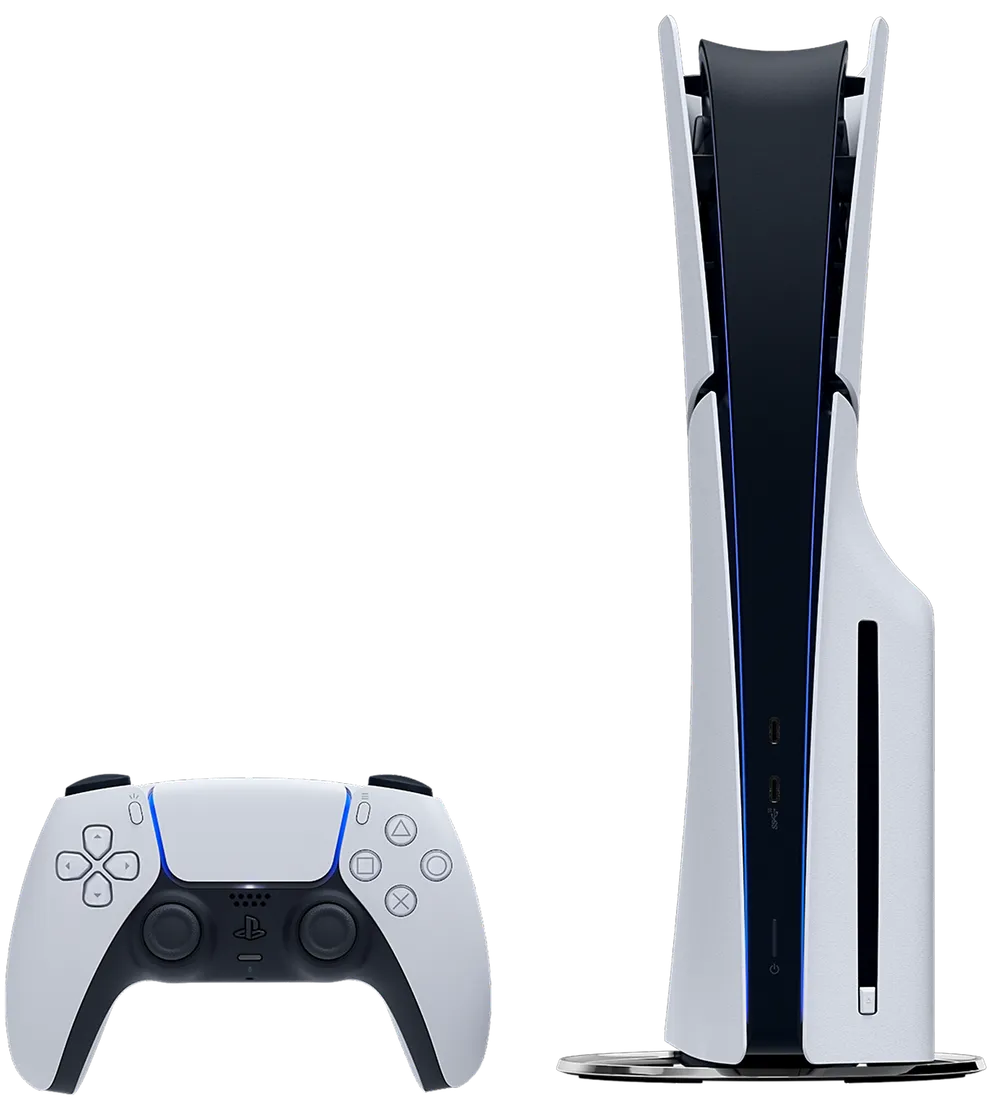 A white PlayStation 5 console with a visible disc drive stands beside a DualSense controller.