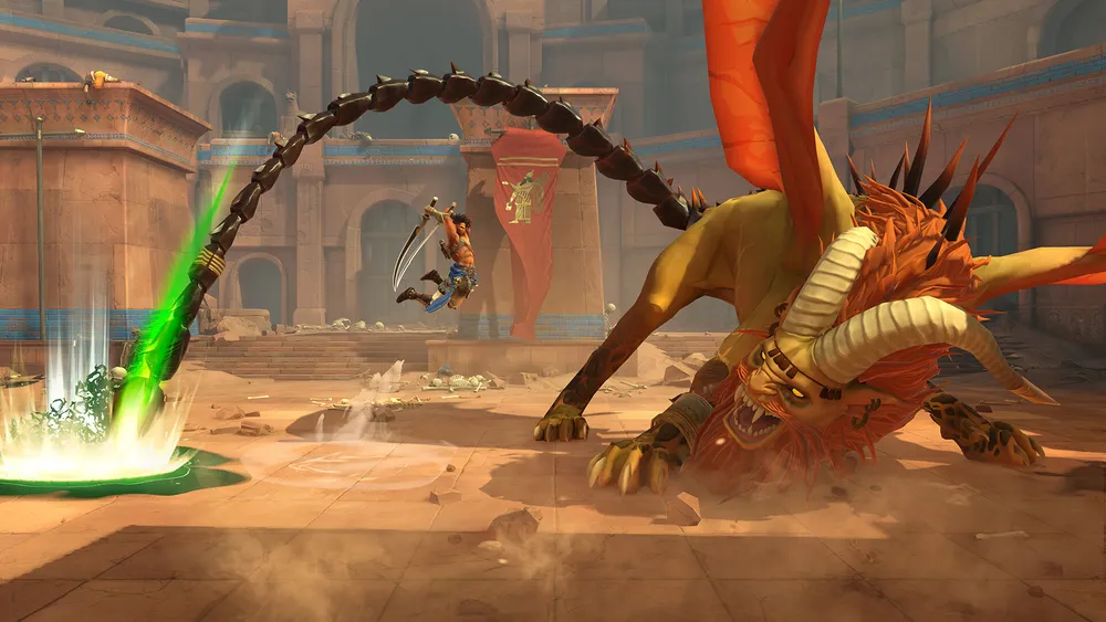 Sargon attacks a large enemy in Prince of Persia: The Lost Crown.