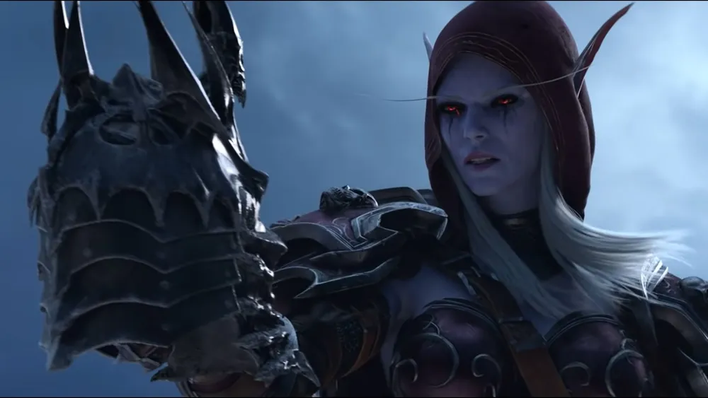 Sylvanas Windrunner in dark armor, holding a spiked helm in a World of Warcraft cinematic.