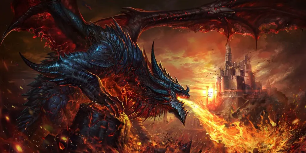 Deathwing, a massive black dragon plated in molten armor, breathing fire toward a burning castle under a red sky.