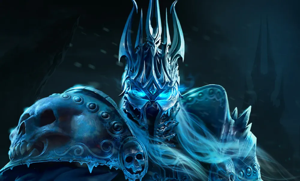 The Lich King in icy plate armor with a horned helmet and glowing blue eyes, framed against Icecrown Citadel.