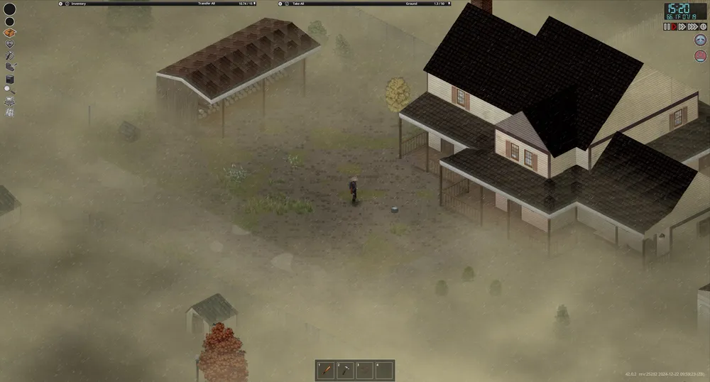 A lone survivor stands in dense fog between a farmhouse and a barn in Project Zomboid, with rain falling and visibility cut to a few meters.