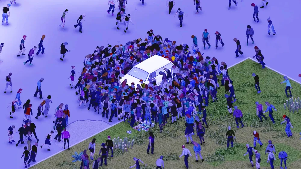 A massive crowd of Project Zomboid zombies swarming a white car at the edge of a lawn, with dozens more shambling in from every direction.