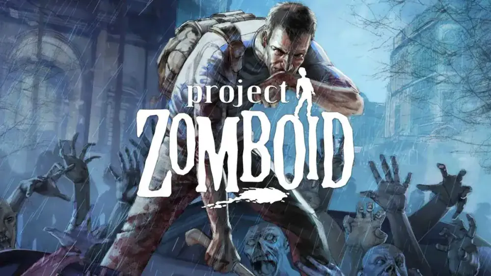 Project Zomboid key art: a survivor crouches in the rain behind the game's logo while zombie hands reach up from below.