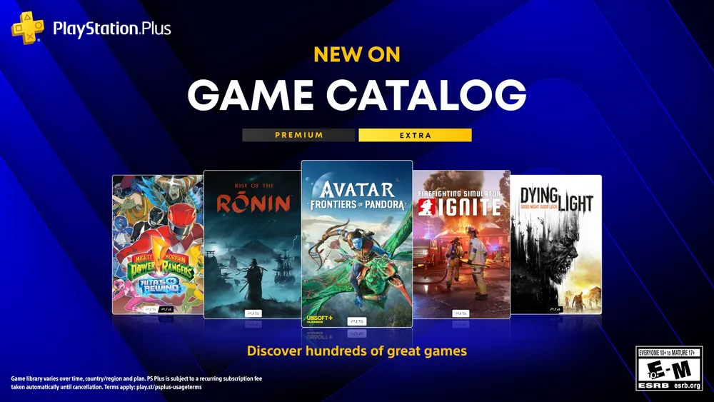 Official PlayStation Plus July Game Catalog graphic featuring cover art for Rise of the Ronin and four other games.