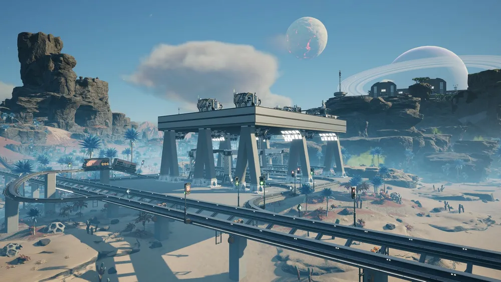 A player character looks across a multi-level Satisfactory production facility.