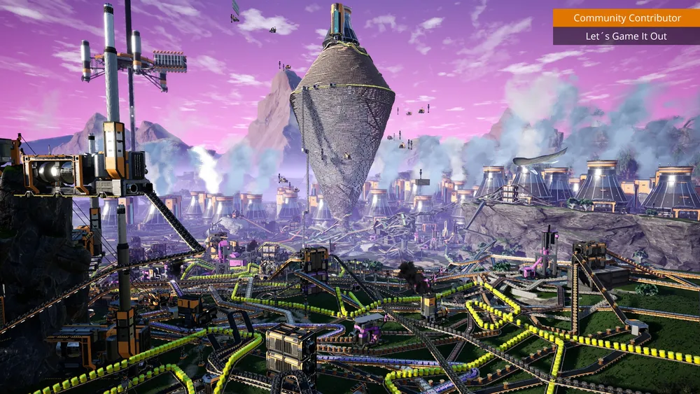 A large industrial factory rises above an alien landscape in Satisfactory.