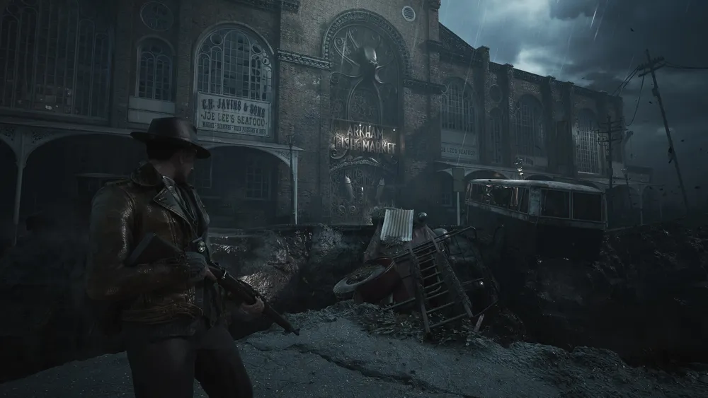 An armed investigator approaches a damaged fish market under heavy rain in The Sinking City 2.