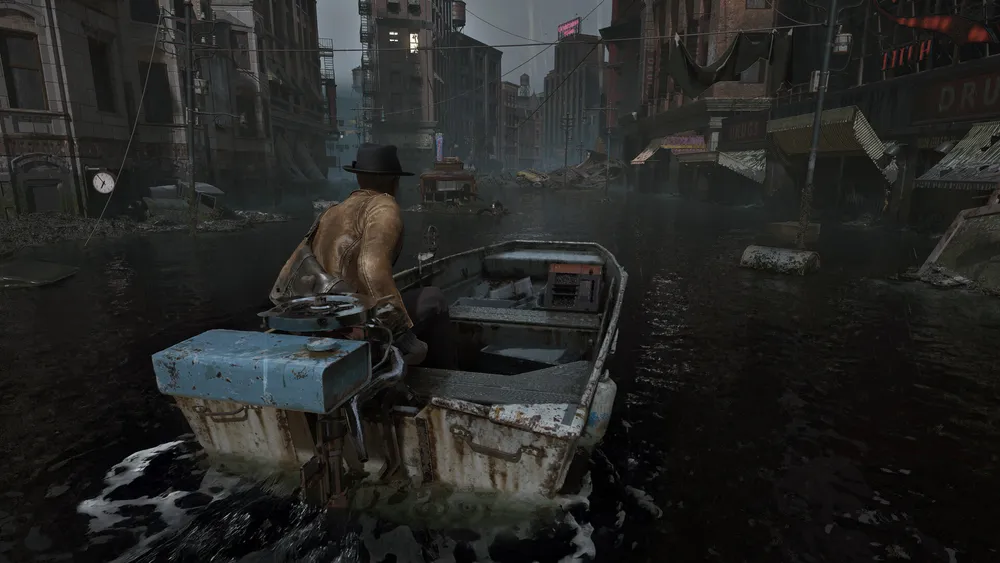 Official The Sinking City 2 screenshot showing an investigator steering a boat through a flooded street.