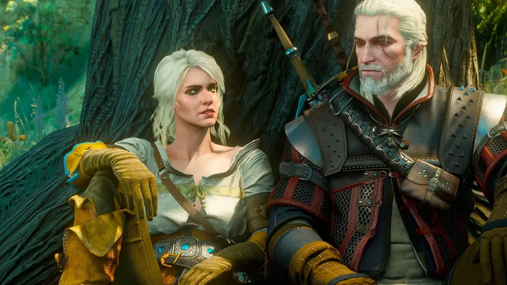 Geralt and Ciri sitting and talking together in a warmly lit room in The Witcher 3.