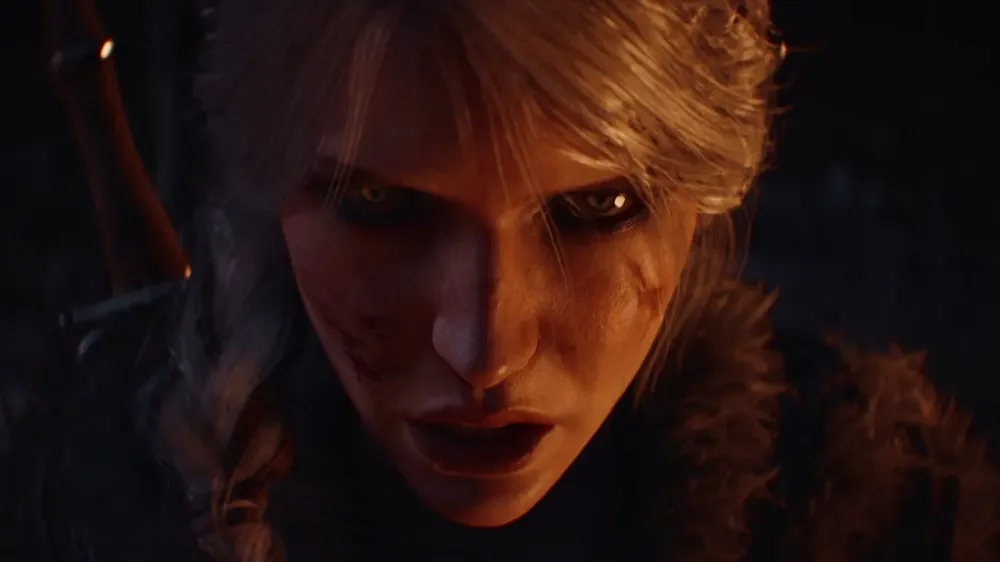 Ciri in armor with her sword ready in a scene from The Witcher 4 reveal trailer.