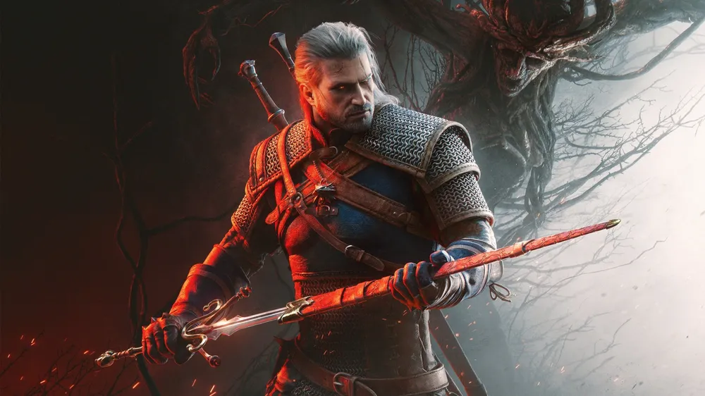 Geralt gripping a sword in Songs of the Past key art, a shadowy monster looming behind him.