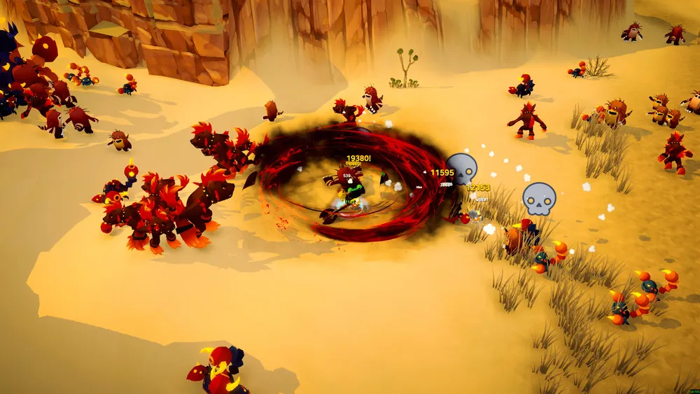 In-game combat screenshot from Spirit Vale showing a player character battling a swarm of fire-themed enemies in a desert canyon.