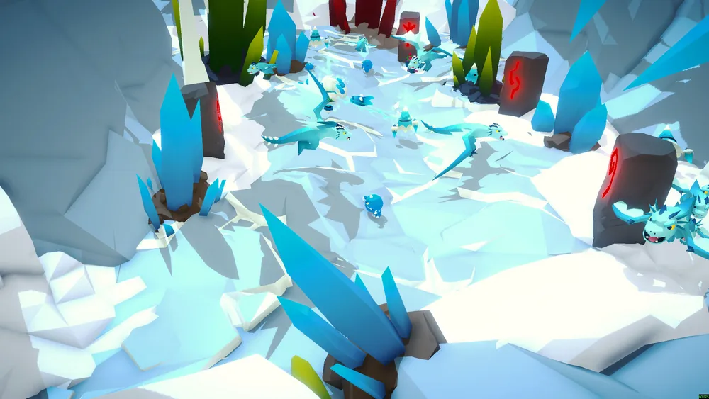 In-game screenshot from Spirit Vale showing a frozen crystal zone with multiple ice-themed creatures near a player character.