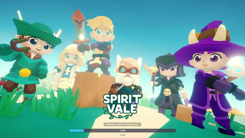 Spirit Vale Early Access loading screen showing the game's six low-poly fantasy characters with a loading progress bar below.