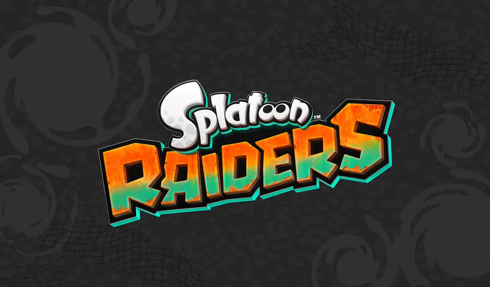 The Splatoon Raiders logo, with 'Raiders' in weathered orange and teal lettering, set against a dark patterned background.
