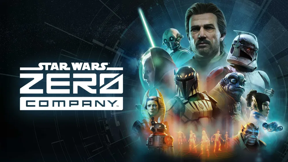 Hawks stands with droids, a Jedi, an armored warrior, and other operatives in official Star Wars Zero Company key art.