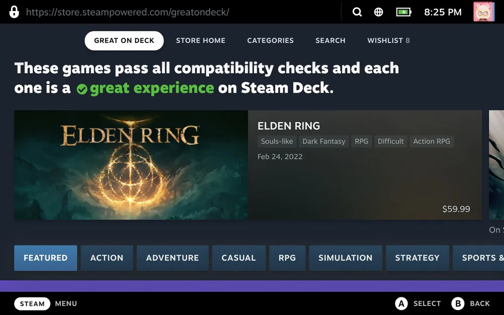 A Steam Deck page presents Deck Verified games in the store interface.