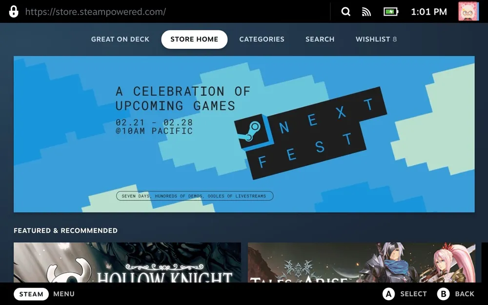 Steam Deck compatibility information is displayed beside a game's store listing.