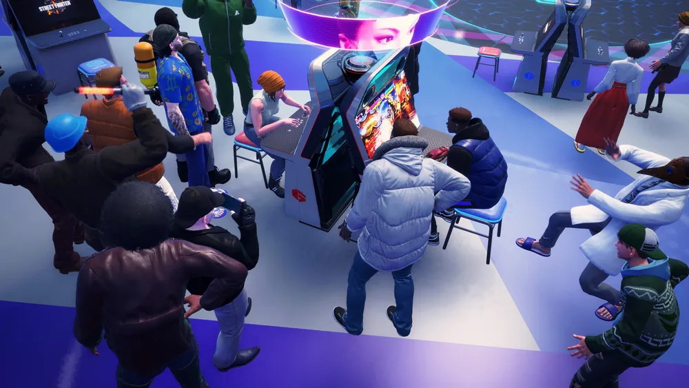 Street Fighter 6 fighters battle in front of a crowded urban backdrop.