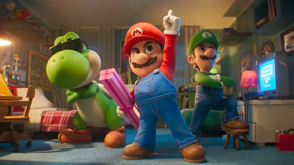 Mario strikes a heroic pose alongside Luigi and a sunglasses-wearing Yoshi in a cozy bedroom.