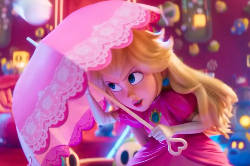 Princess Peach grips a lace parasol with a determined expression in a candle-lit interior.