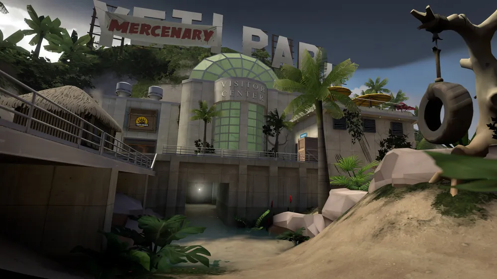 Official Team Fortress 2 screenshot showing the tropical Mercenary Park visitor center.