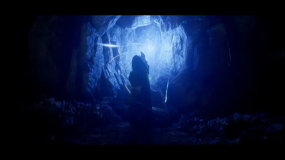 A trailer frame from The Relic: First Guardian showing a towering boss looming over the player in a grim, fire-lit arena.