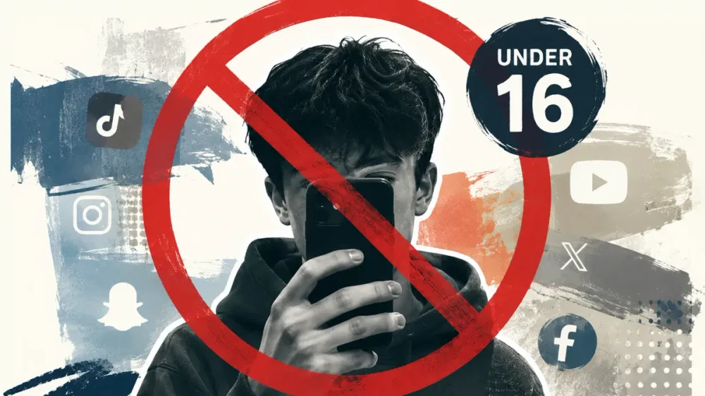 A graphic showing a teenager with a phone behind a red prohibition sign and an 'under 16' label, surrounded by social media logos.