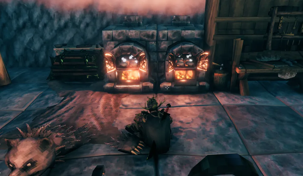 A Valheim character baking bread at a stone oven inside a base instead of exploring the Mistlands.