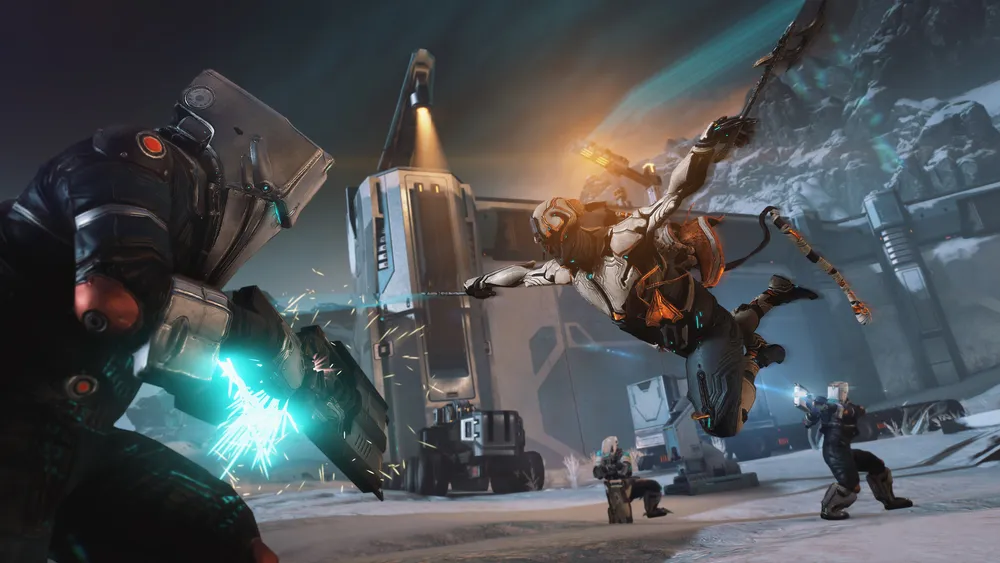 A Warframe character fights through a futuristic outdoor location.