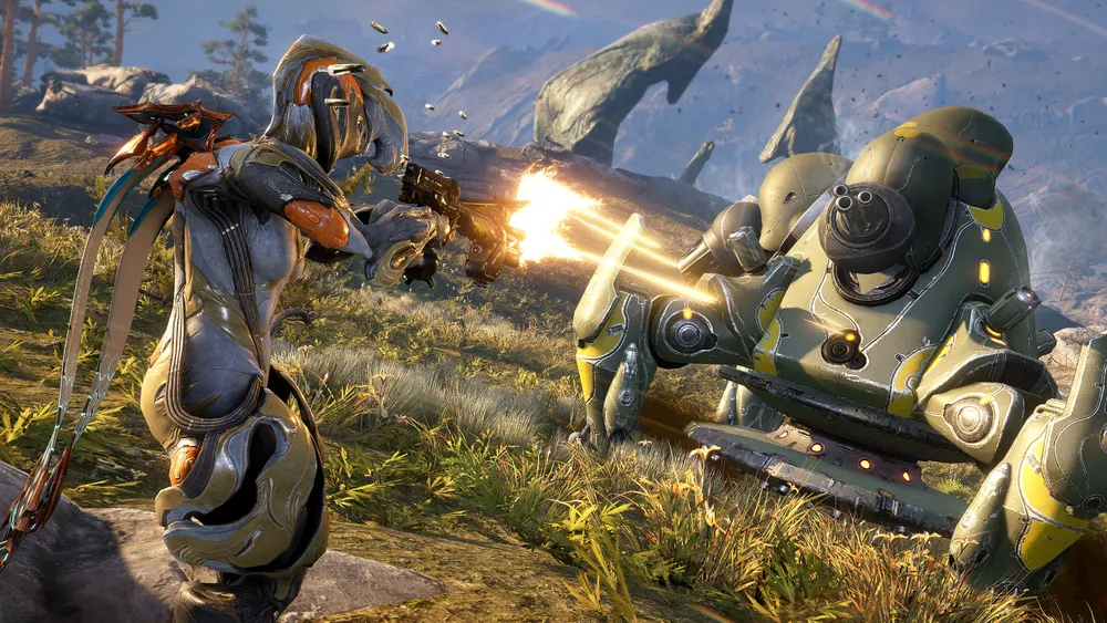 A Warframe character aims a weapon in an illuminated sci-fi combat scene.